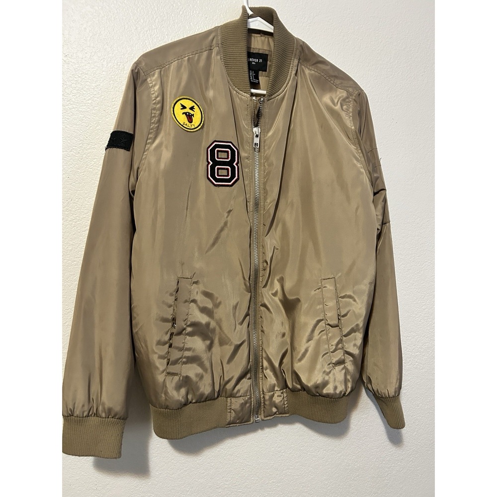 Y2K  Retro Men's Forever 21 Bomber Jacket Sz S Gold w/ Patches VTG